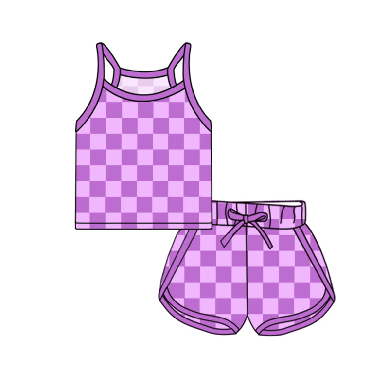 pre -order purple plaid print  Sleeveless girl set GSSO2337