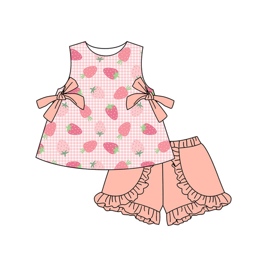 pre -order pink plaid strawberry  print  Sleeveless girl set GSSO2343