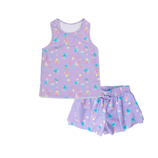 pre -order purple blue  flowers print girl yoga dress GSD2472