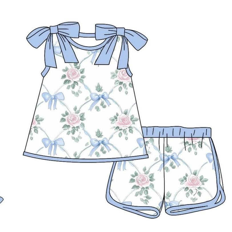 pre -order blue bows flowers print girl dress GSSO2482
