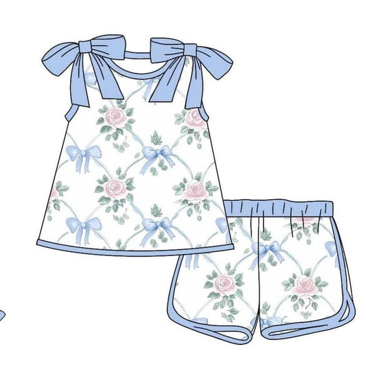 pre -order blue bows flowers print girl dress GSSO2482