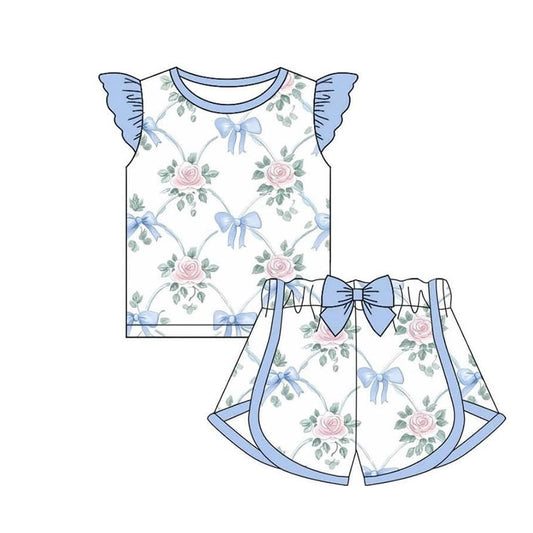 pre -order blue bows flowers print girl dress GSSO2483