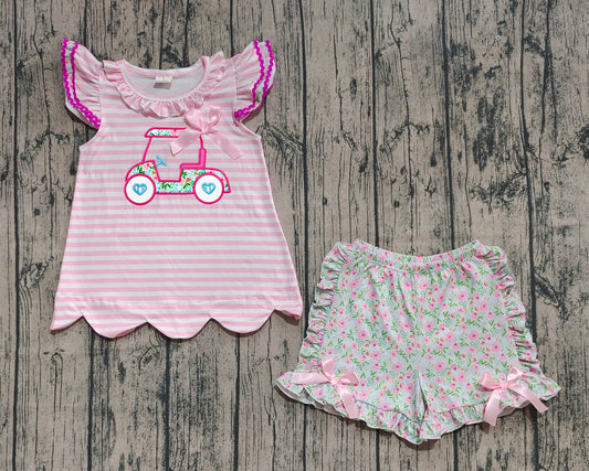 pre -order Pink stripe golf cart embroidery  girl set GSSO2633