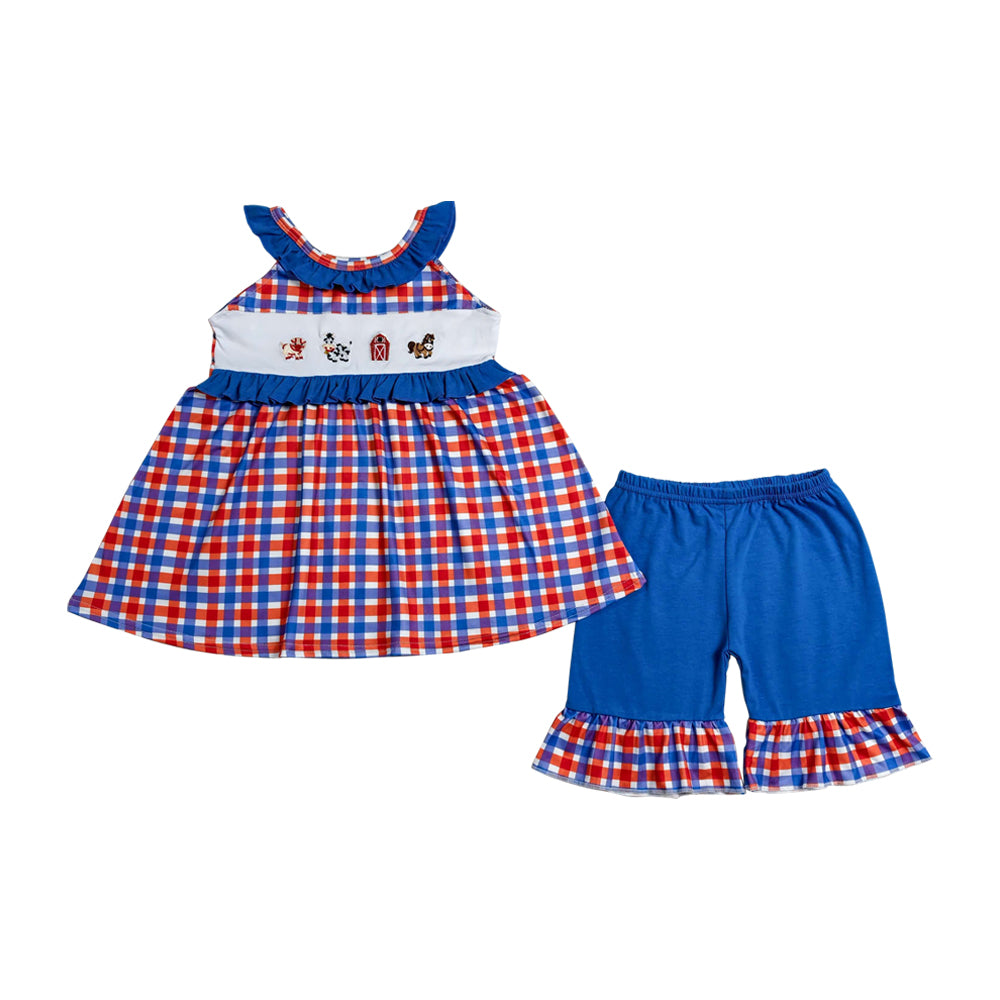 Summer Red Blue Plaid Animal Farm Girls Set GSSO3056