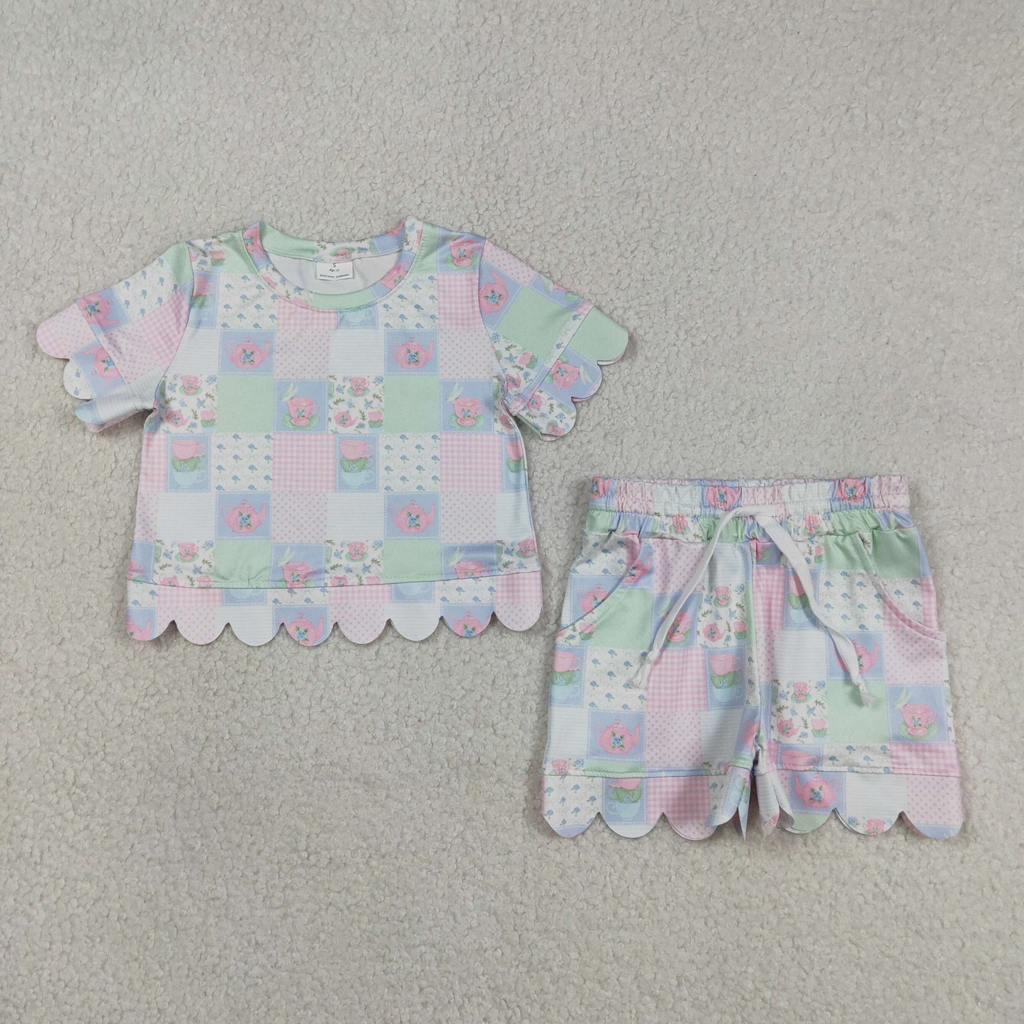 Pink teapot Scalloped Short Sleeve Girls Set GSSO3229