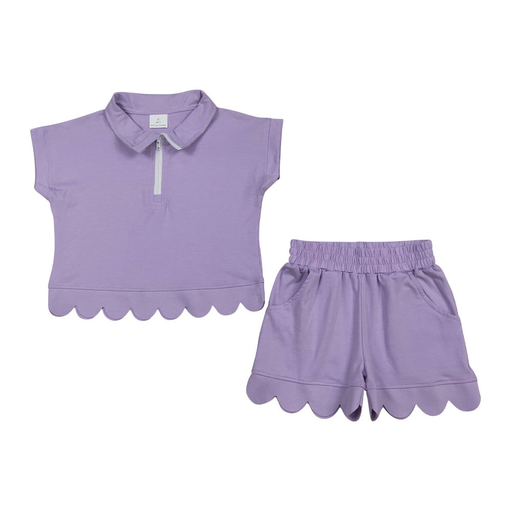 Dark purple Color scalloped edges Short sleeve Girls Set GSSO3377