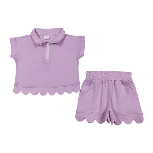 Purple Color scalloped edges Short sleeve Girls Set GSSO3378