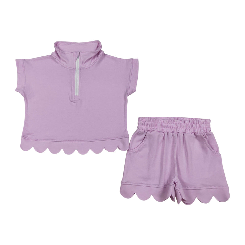 Purple Color scalloped edges Short sleeve Girls Set GSSO3378