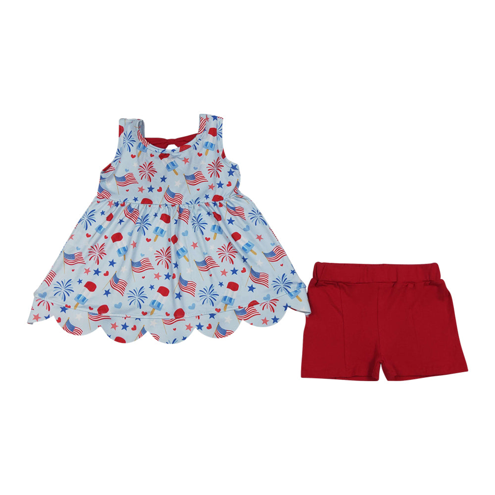 July 4 th fireworks flag scalloped edges Short sleeve Girls Set GSSO3386
