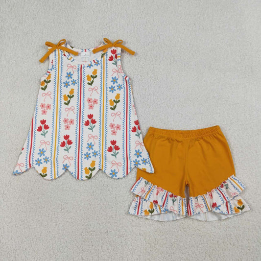 Summer flower yellow bow Sleeveless Girls Set GSSO3388