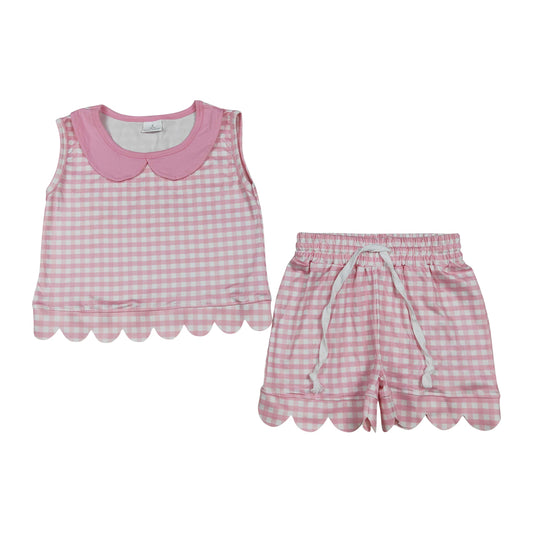 Pink plaid sleeveless scalloped edges Short Girls Set GSSO3394