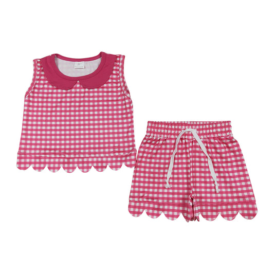 Pink plaid sleeveless scalloped edges Short Girls Set GSSO3395