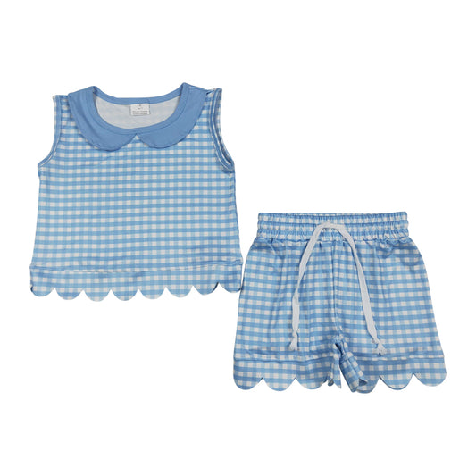 Blue plaid sleeveless scalloped edges Short Girls Set GSSO3397