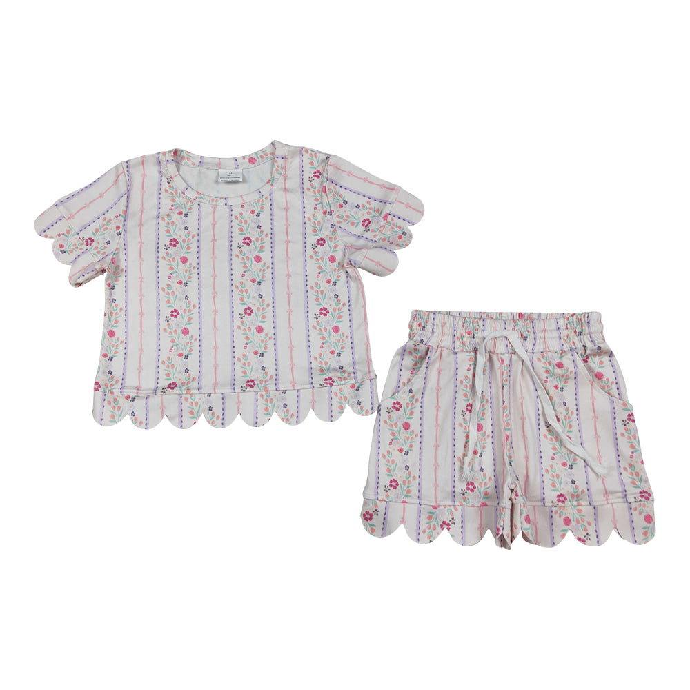 flower scalloped edges Short sleeve Girls Set GSSO3411