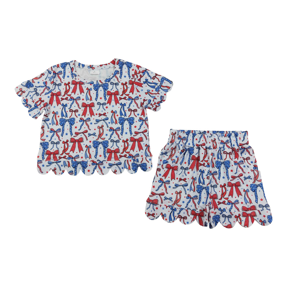 4th of July Bow scalloped edges Short Sleeve Girls Set GSSO3548
