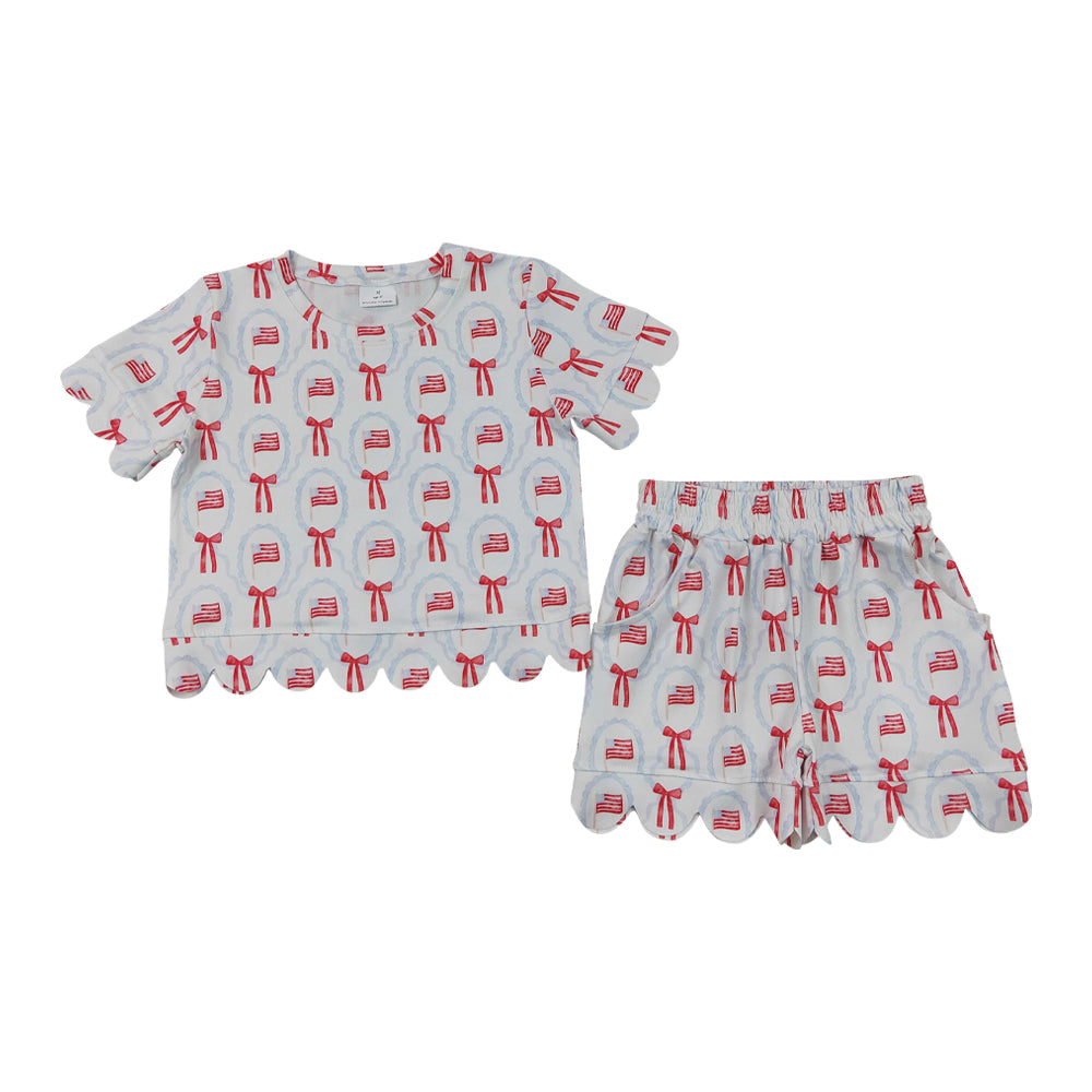 4th of July Bow flag scalloped edges Short Sleeve Girls Set GSSO3552