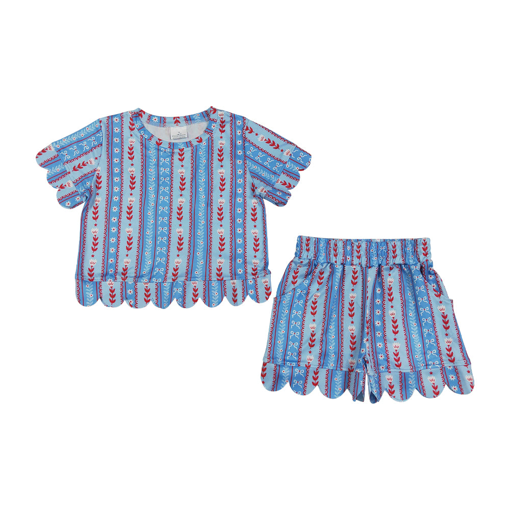 Blue scalloped edges Short Sleeve Girls Set GSSO3554