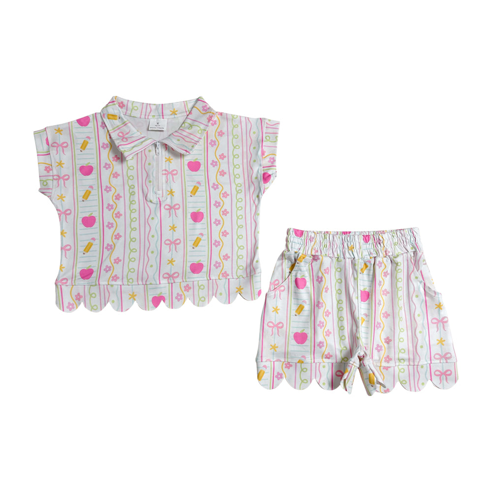 Back to school Pencil Apple scalloped edges Short Sleeve Girls Set GSSO3582