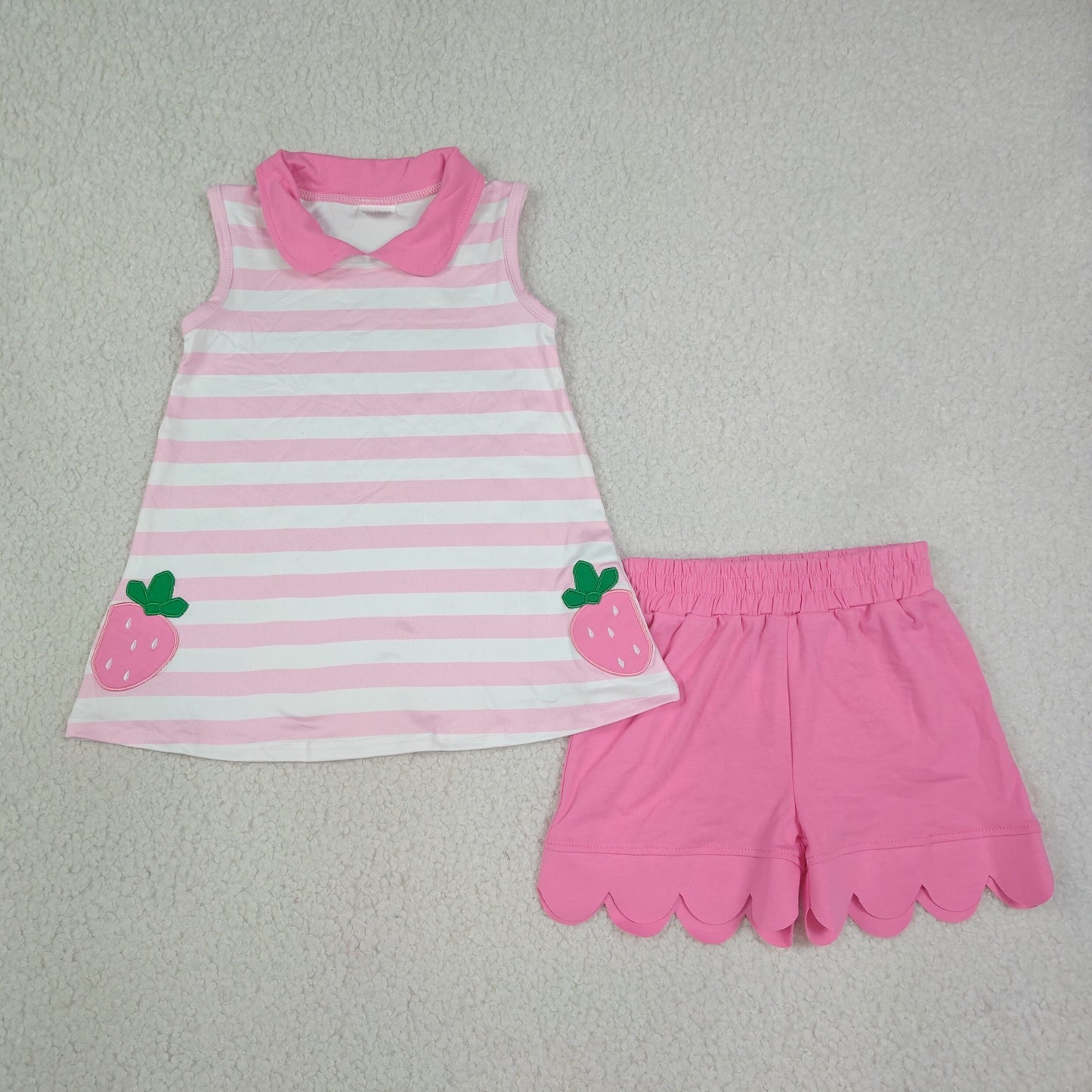GSSO3631 Embroidery Strawberry Pink Scallop Edge Girls Shorts Set