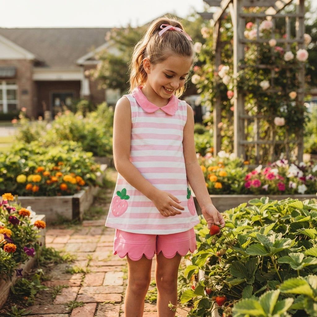GSSO3631 Embroidery Strawberry Pink Scallop Edge Girls Shorts Set