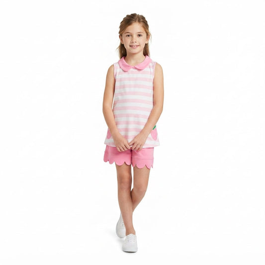 GSSO3631 Embroidery Strawberry Pink Scallop Edge Girls Shorts Set