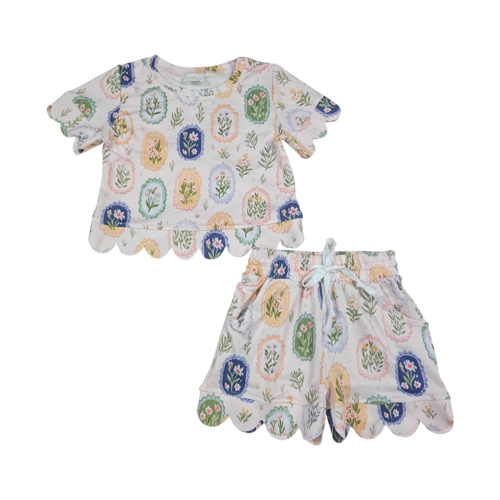 flowers scalloped edges Short Sleeve Girls Set GSSO3643