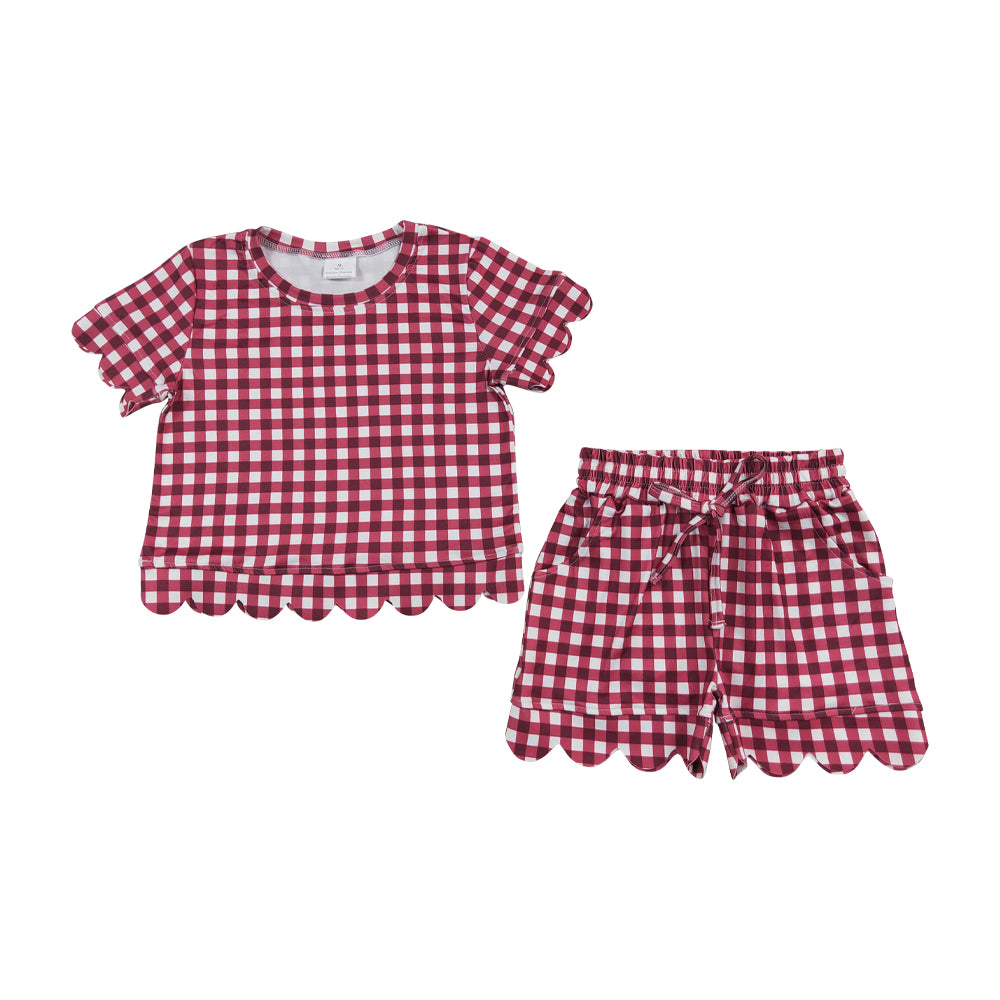 Red Plaid scalloped edges Short Sleeve Girls Set GSSO3836