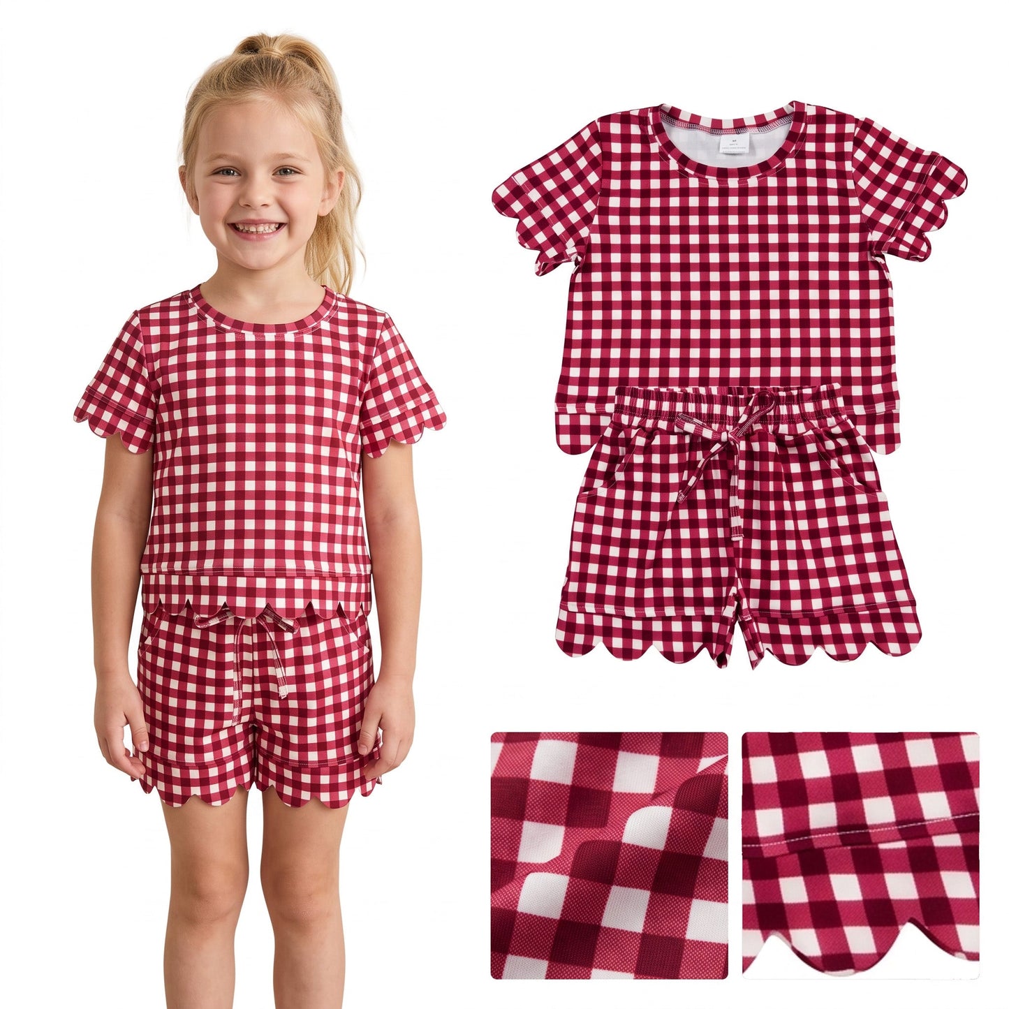 Solid Color Plaid Scallop Edge Girls Shorts Set Kids Matching Clothes