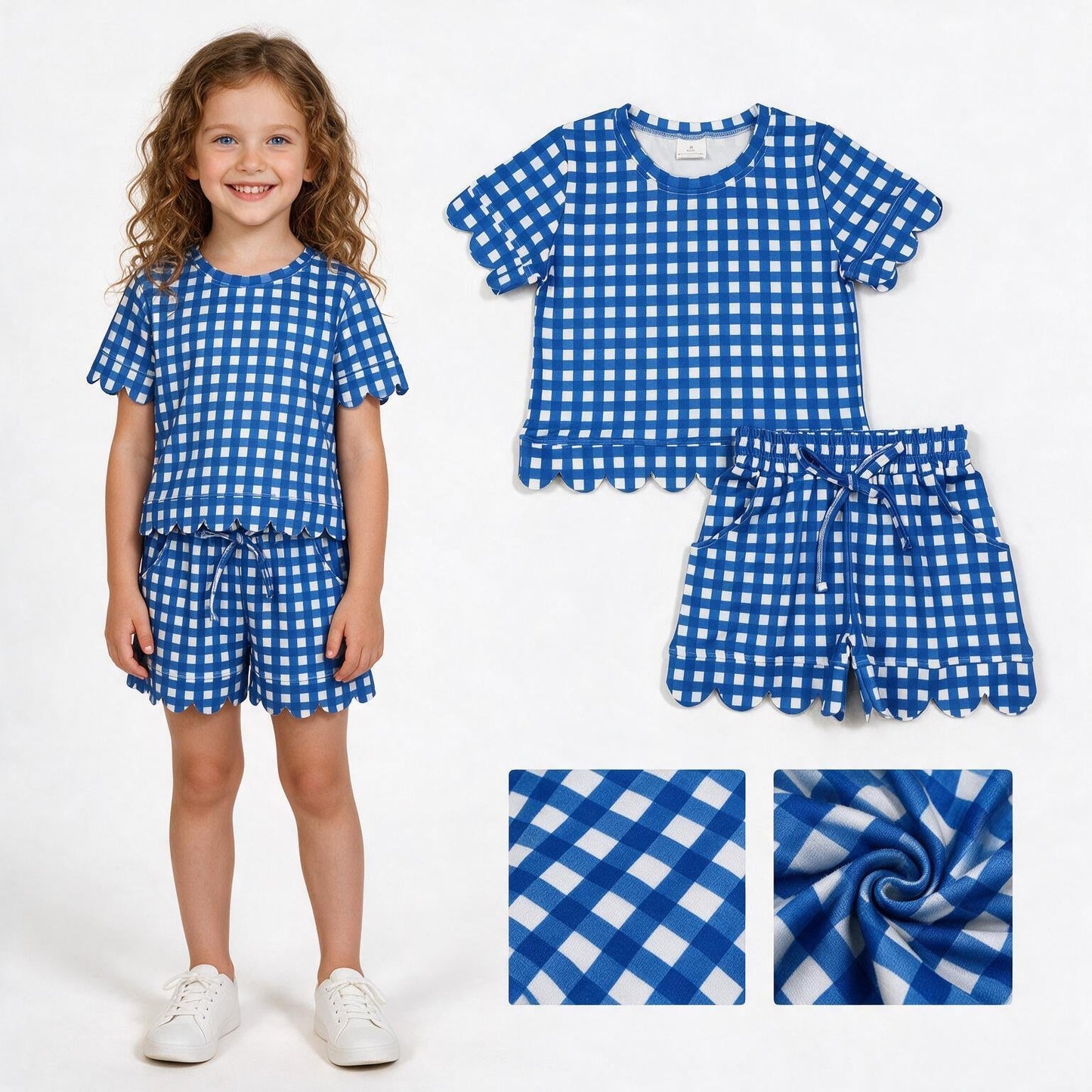 Solid Color Plaid Scallop Edge Girls Shorts Set Kids Matching Clothes