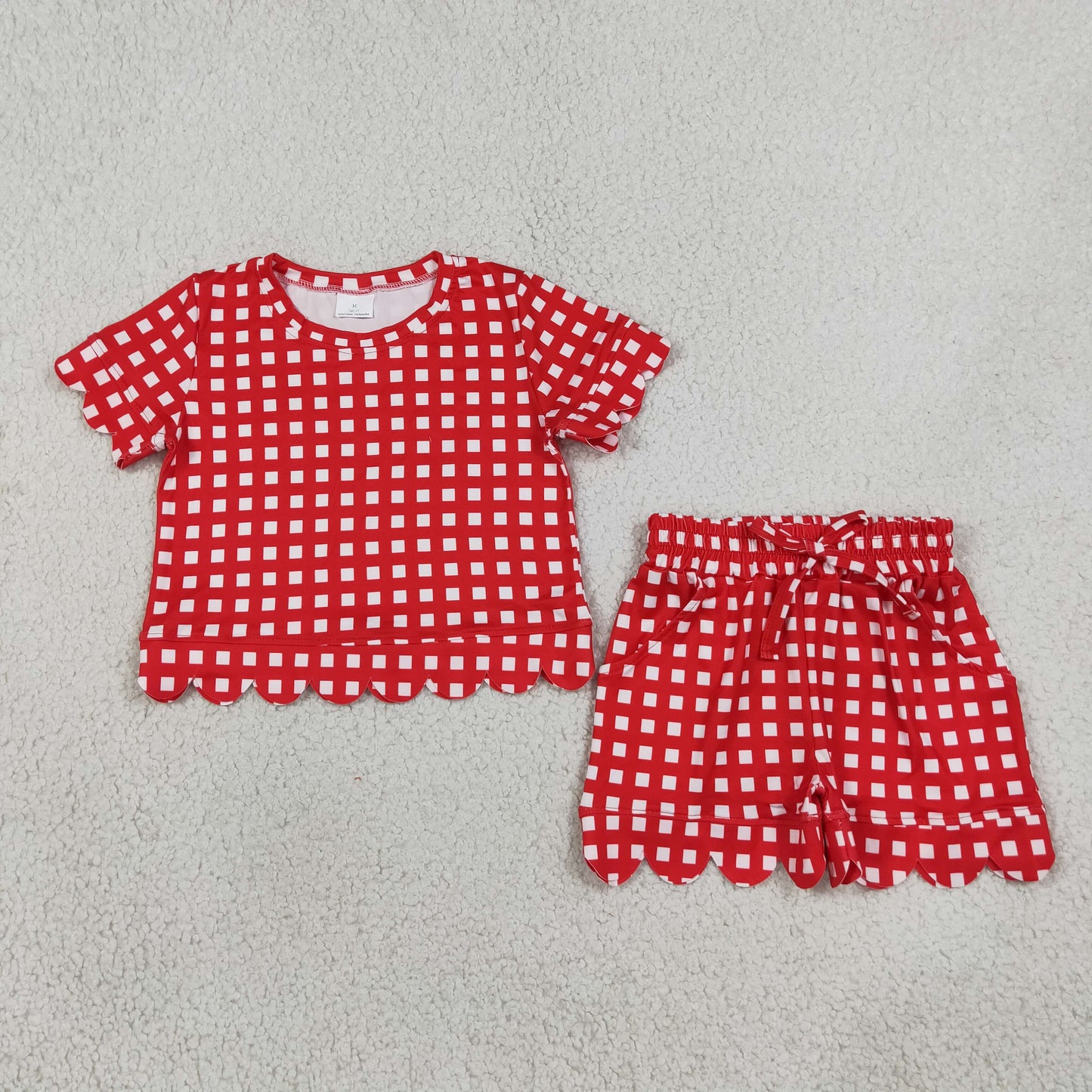 GSSO3838 True Red Plaid Scallop Edge Girls Shorts Set