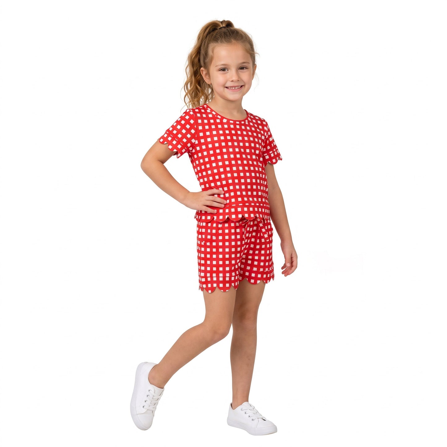 GSSO3838 True Red Plaid Scallop Edge Girls Shorts Set