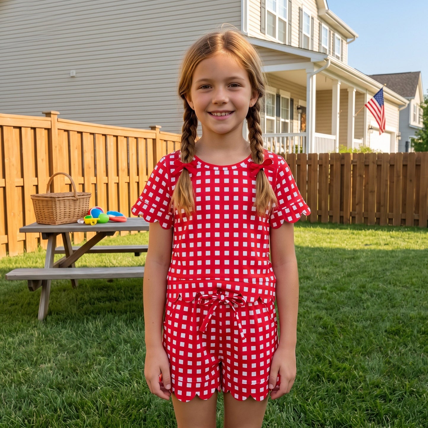 GSSO3838 True Red Plaid Scallop Edge Girls Shorts Set