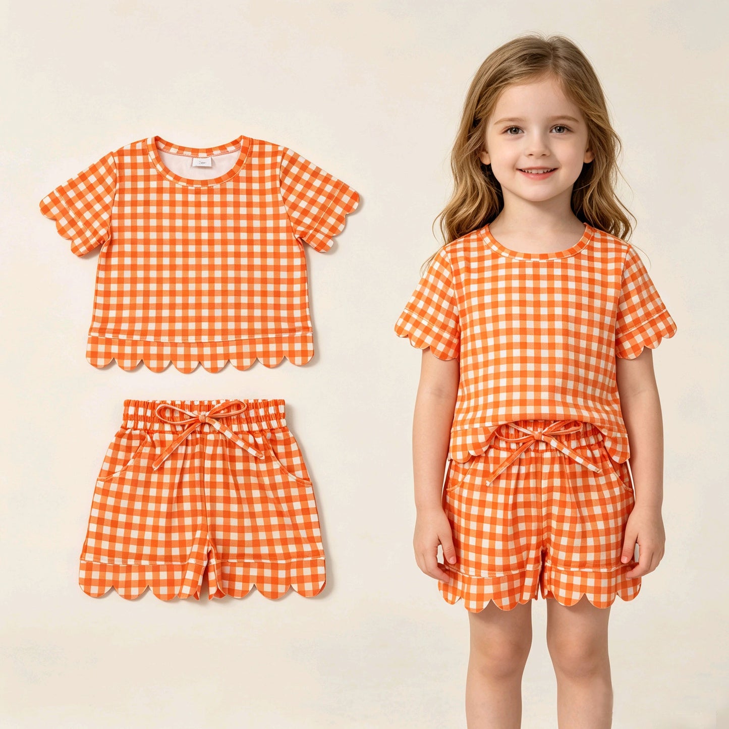 Solid Color Plaid Scallop Edge Girls Shorts Set Kids Matching Clothes