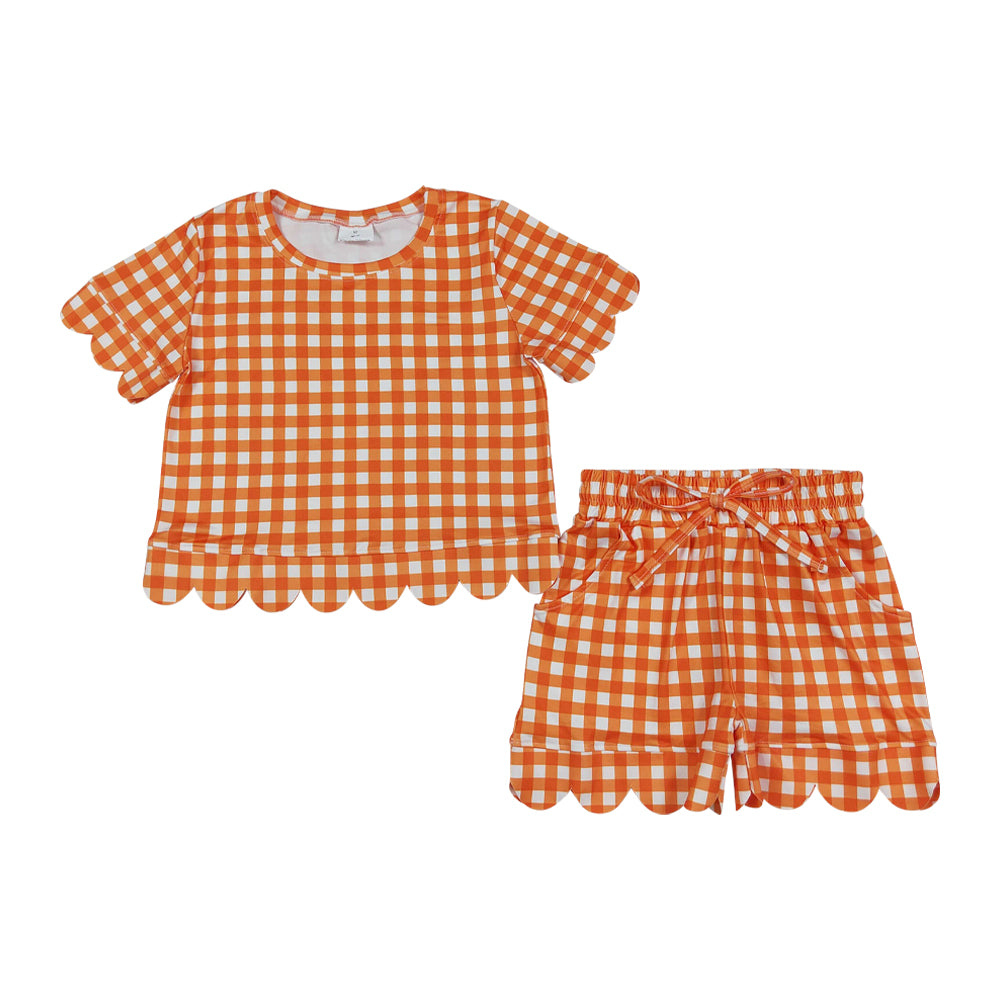 Orange Plaid scalloped edges Short Sleeve Girls Set GSSO3839