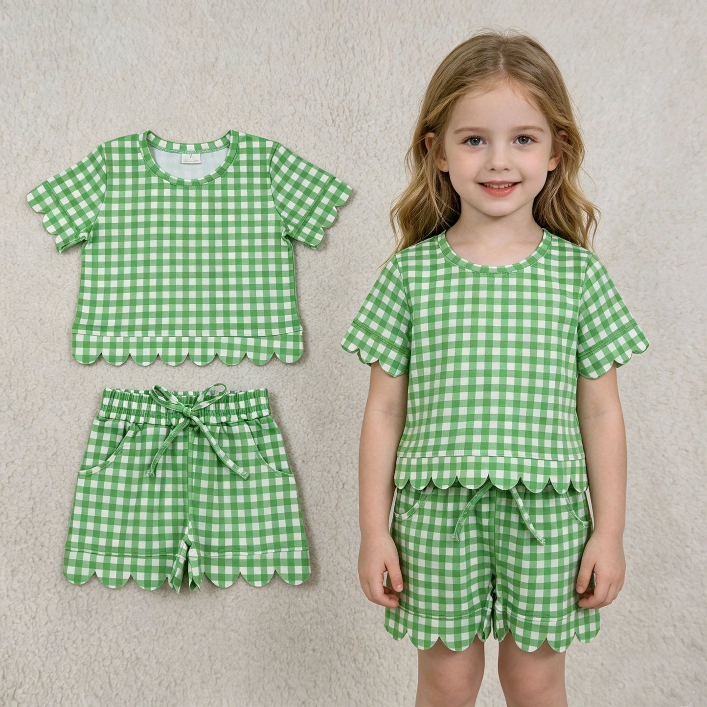 Solid Color Plaid Scallop Edge Girls Shorts Set Kids Matching Clothes