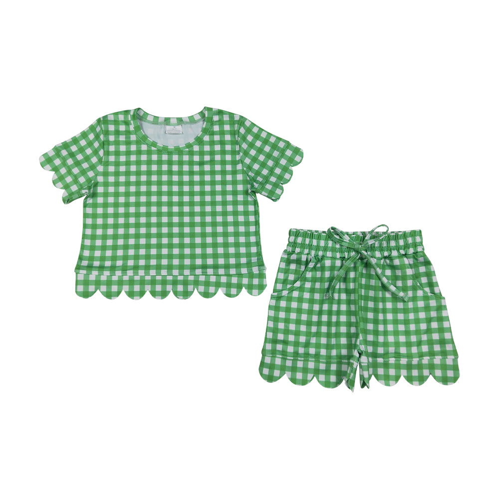 Green Plaid scalloped edges Short Sleeve Girls Set GSSO3840