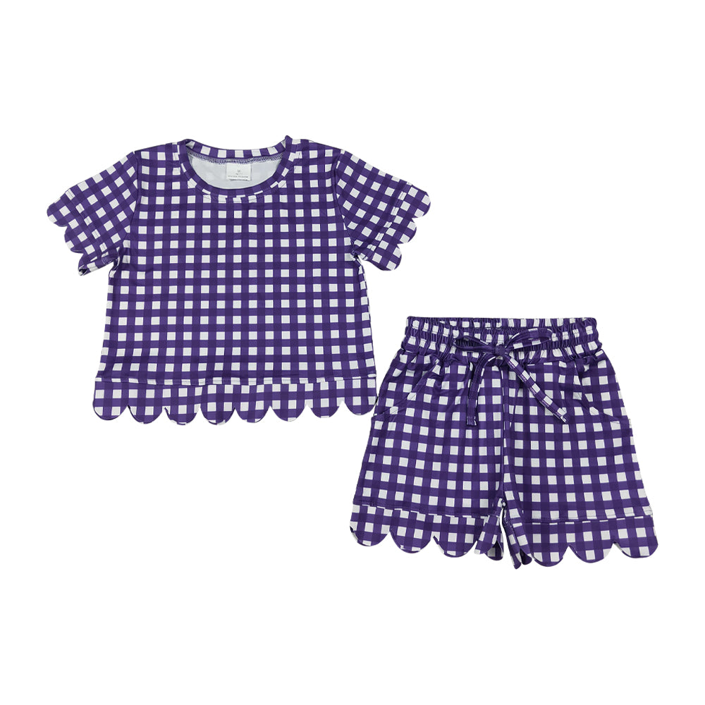 Purple Plaid scalloped edges Short Sleeve Girls Set GSSO3841