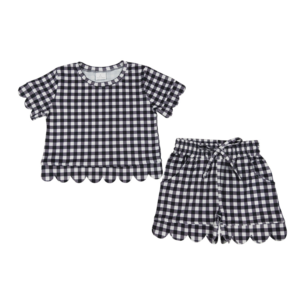 Black Plaid scalloped edges Short Sleeve Girls Set GSSO3842