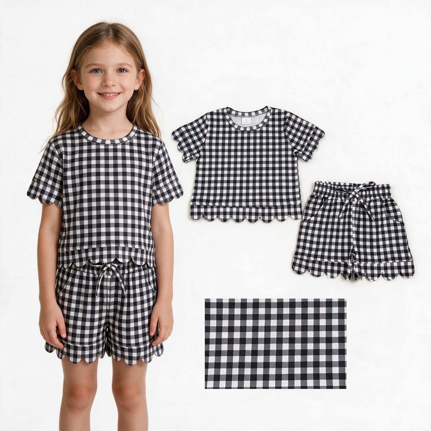 Solid Color Plaid Scallop Edge Girls Shorts Set Kids Matching Clothes