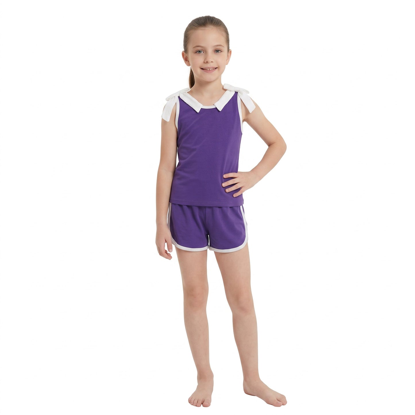 GSSO3858 Solid Color Purple White Color Bows Girls Shorts Set