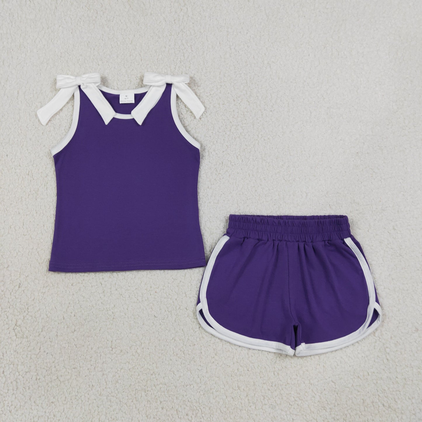 GSSO3858 Solid Color Purple White Color Bows Girls Shorts Set