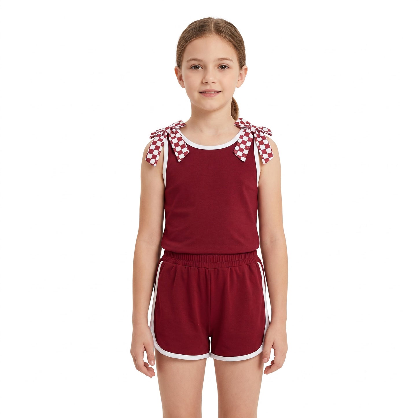 GSSO3859 Solid Color Maroon Bows Girls Shorts Set
