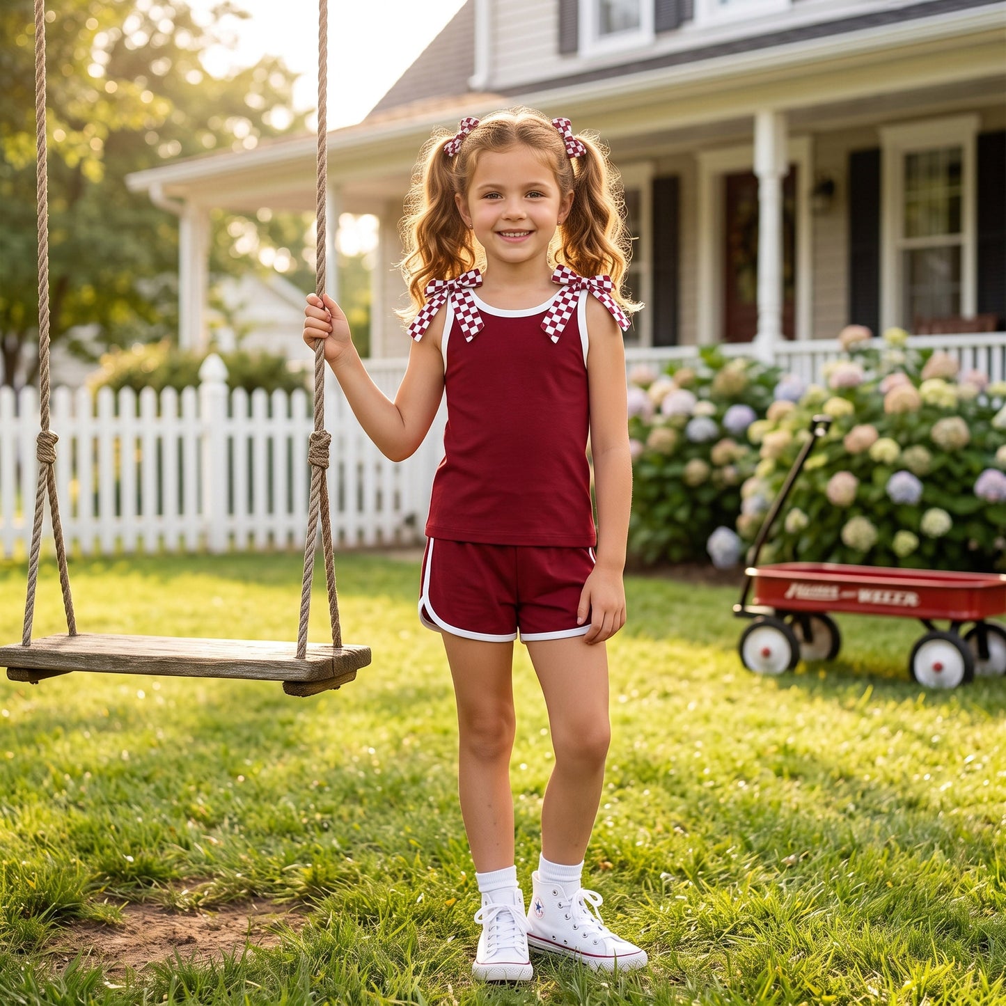 GSSO3859 Solid Color Maroon Bows Girls Shorts Set