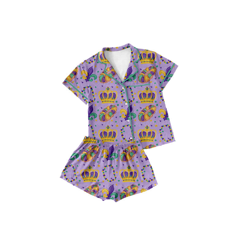 Preorder MOQ 5 pcs Each Style Mardi Gras Purple Buttons Pajamas Mommy and Me Matching Clothes