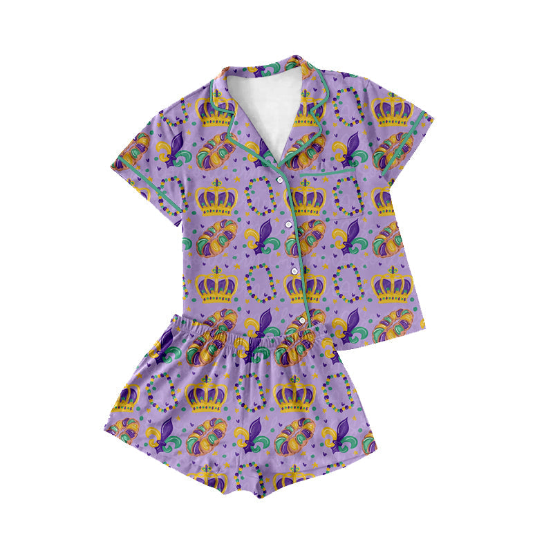 Preorder MOQ 5 pcs Each Style Mardi Gras Purple Buttons Pajamas Mommy and Me Matching Clothes