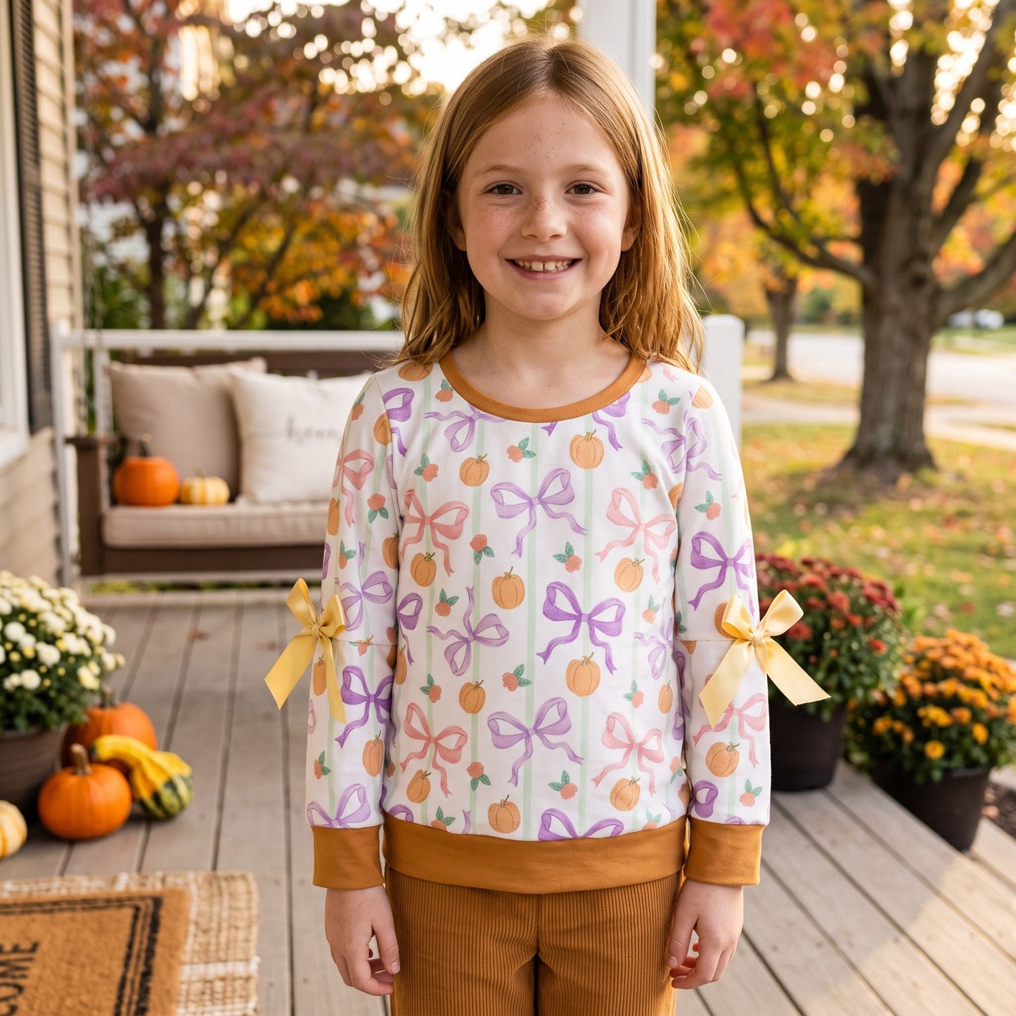 GT1658 Fall Pumpkin Bows Orange Kids Girls Shirt Top