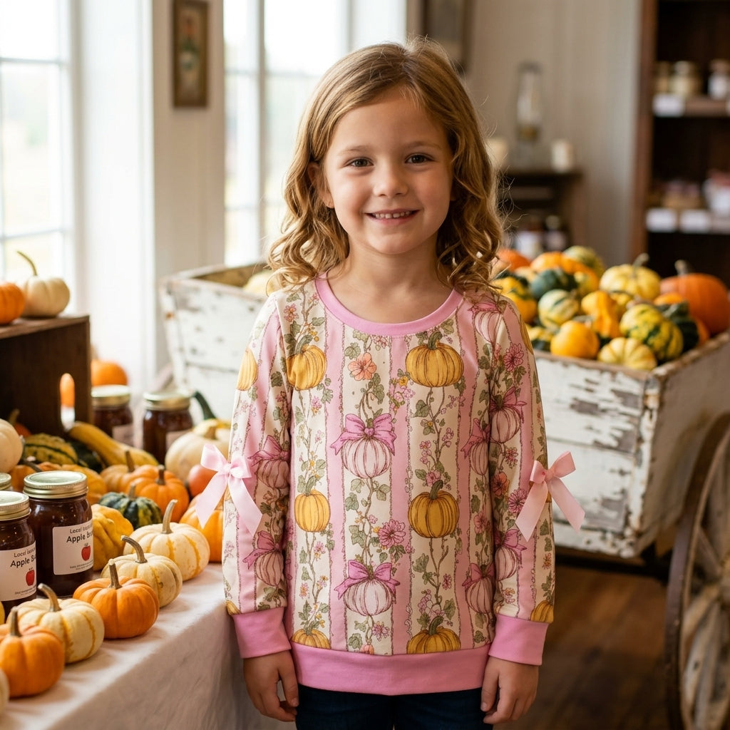 GT1659 Fall Pumpkin Bows Kids Girls Shirt Top