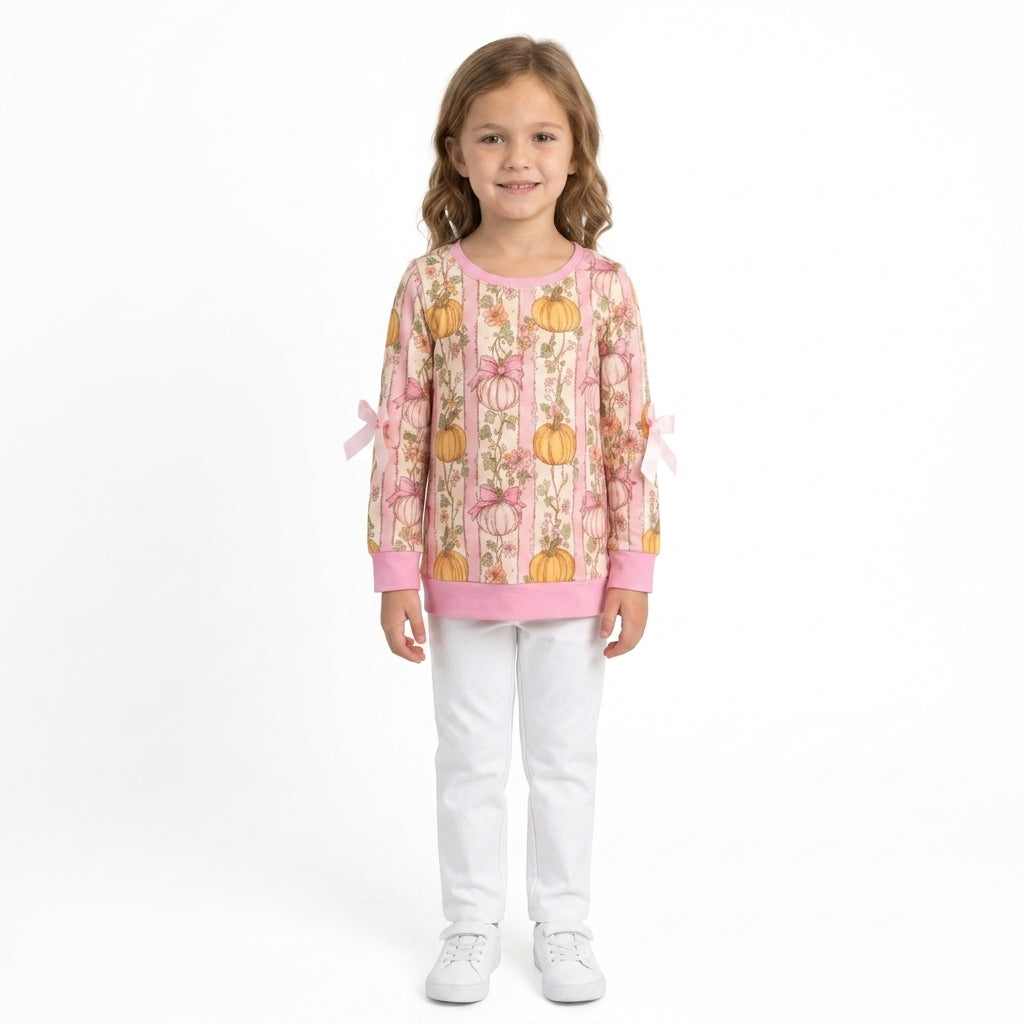 GT1659 Fall Pumpkin Bows Kids Girls Shirt Top