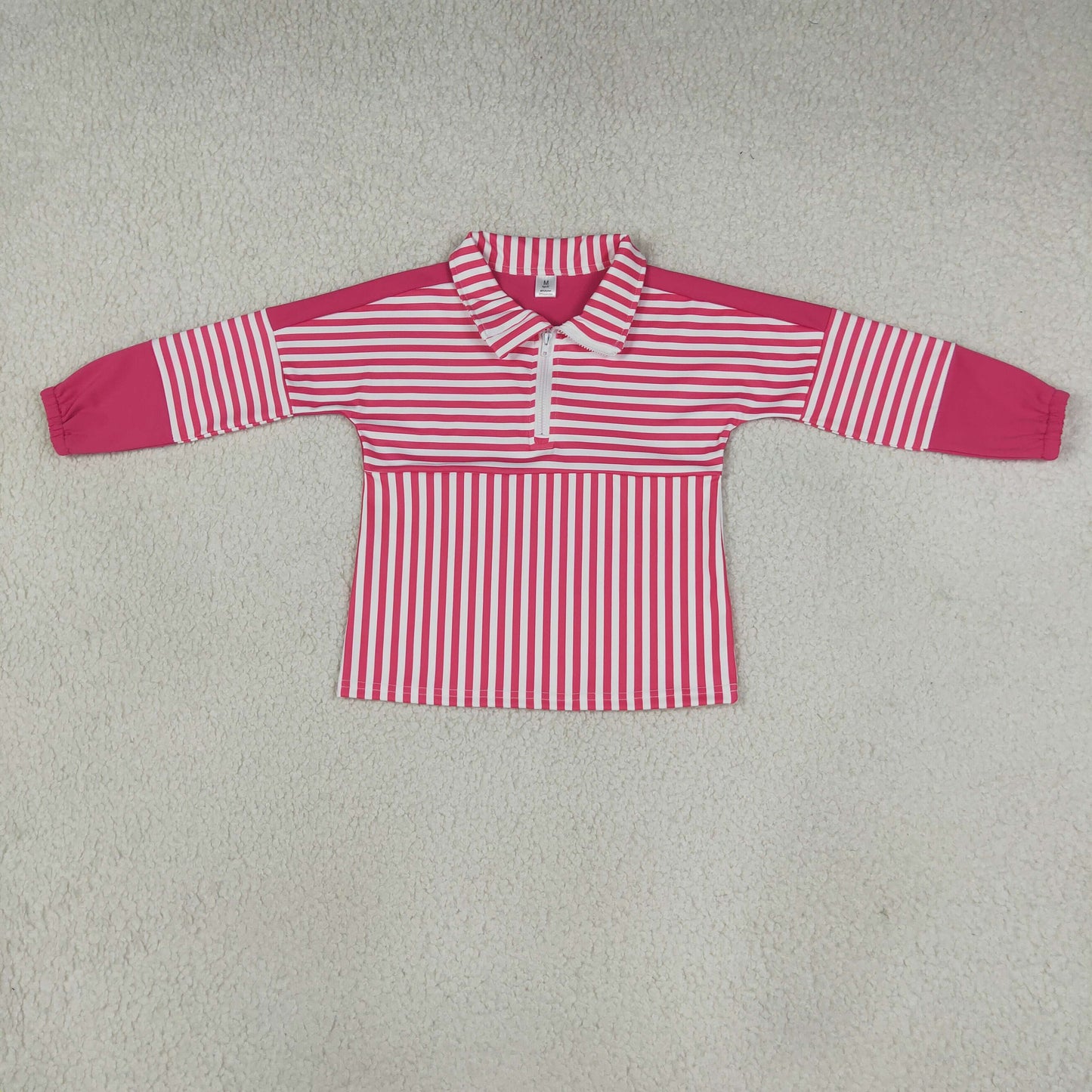 GT1715 Rose Red Stripe Yoga Zipper Polo Pullover Kids Girls Shirt Top