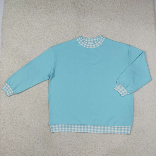 GT1795 Thick Sweatshirts Light Blue Plaid Navy Middle Neckline Adult Women's Shirt Pullover